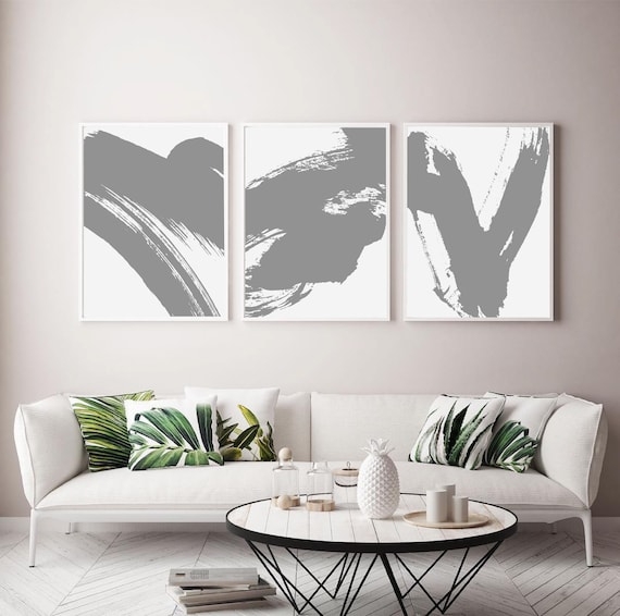 Wall Art Abstract Paint Strokes Triptych in Slim Frames