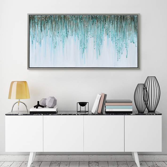 Wall Art: Abstract Teal, Vertical Drip Pattern, Framed Canvas