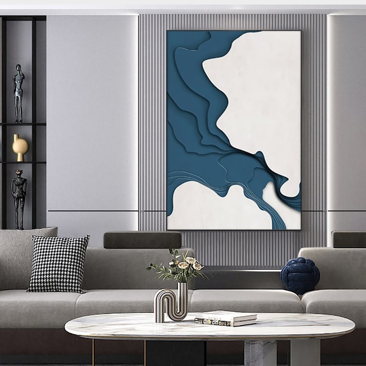 Wall Art Abstract Topographical Canvas Print Navy White Framed