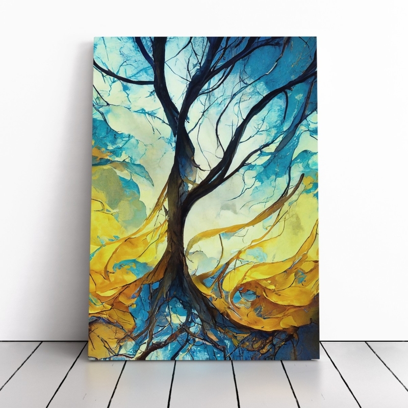 Wall Art Abstract Tree Swirling Blue Yellow Contemporary Root Art