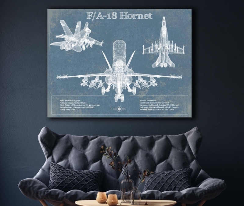 Wall Art: Aircraft Blueprint, Military Theme, Distressed Industrial Style