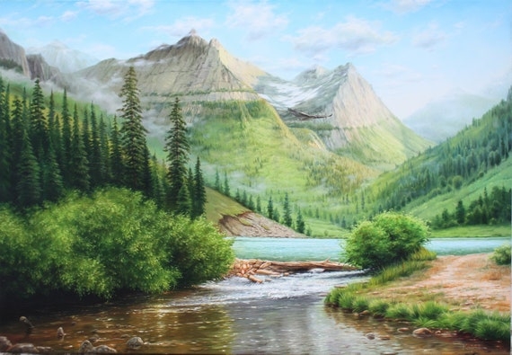 Wall Art Alpine Scenery Turquoise Water Painterly Style Traditional