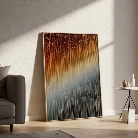 Wall Art Amber to Blue Gradient Geometric Skyline Gold Fleck Detail