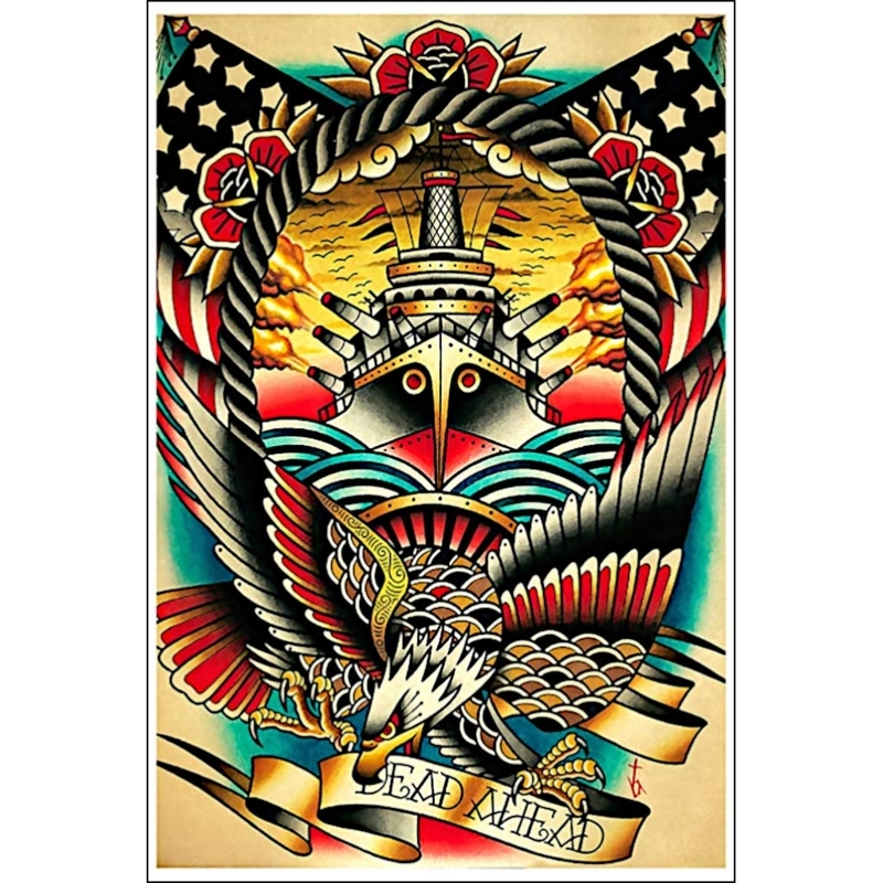 Wall Art American Traditional Battleship Illustration Patriotic Print