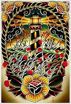 Wall Art American Traditional Lighthouse Print With Rope Border