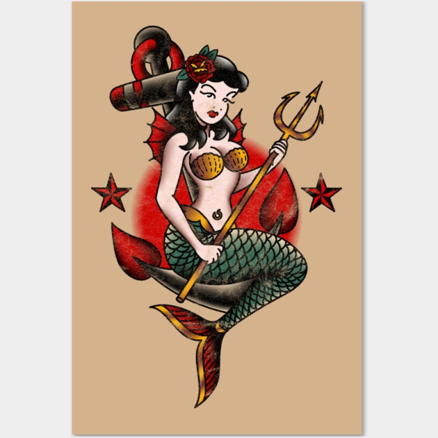 Wall Art American Traditional Mermaid Motif Print With Weathered Finish