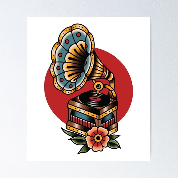 Wall Art American Traditional Vintage Gramophone Motif Tattoo Style Print