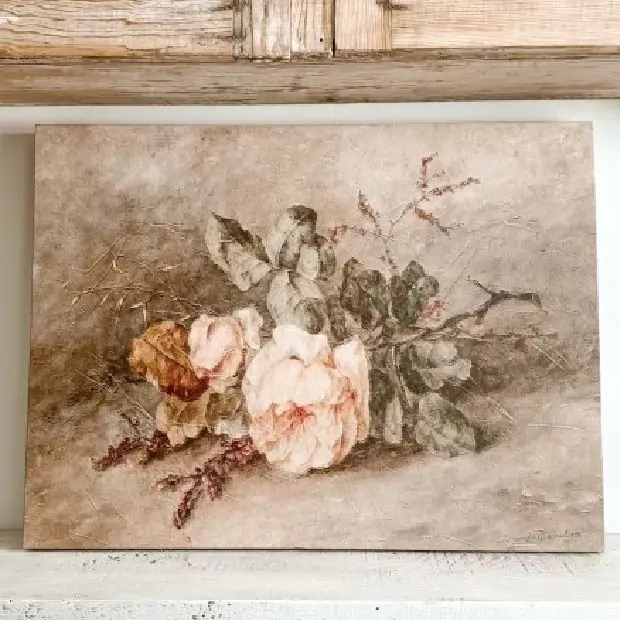 Wall Art: Antiqued French Country Rose Canvas with Timeworn Finish