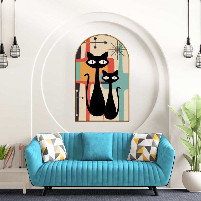Wall Art Arched Canvas Silhouette Atomic Cat Theme, Ribbed Blue Sofa