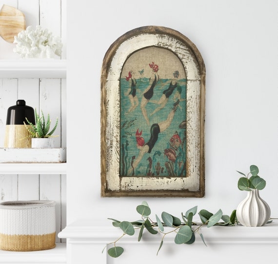 Wall Art Arched Frame Vintage Swimmer Motif Coastal Decor