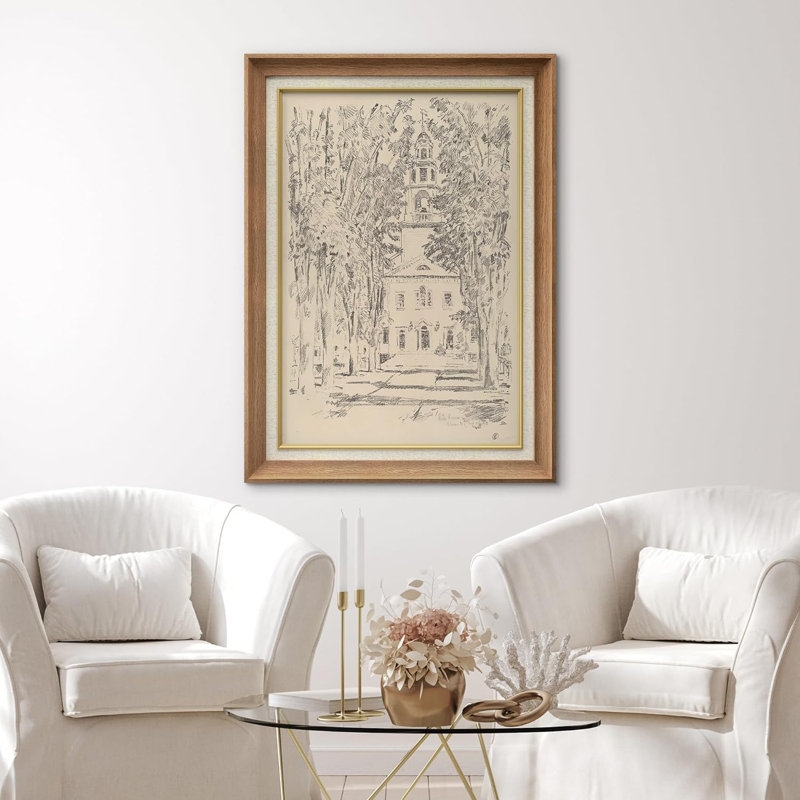 Wall Art: Architectural Sketch Church Steeple in Wood and Gold Frame