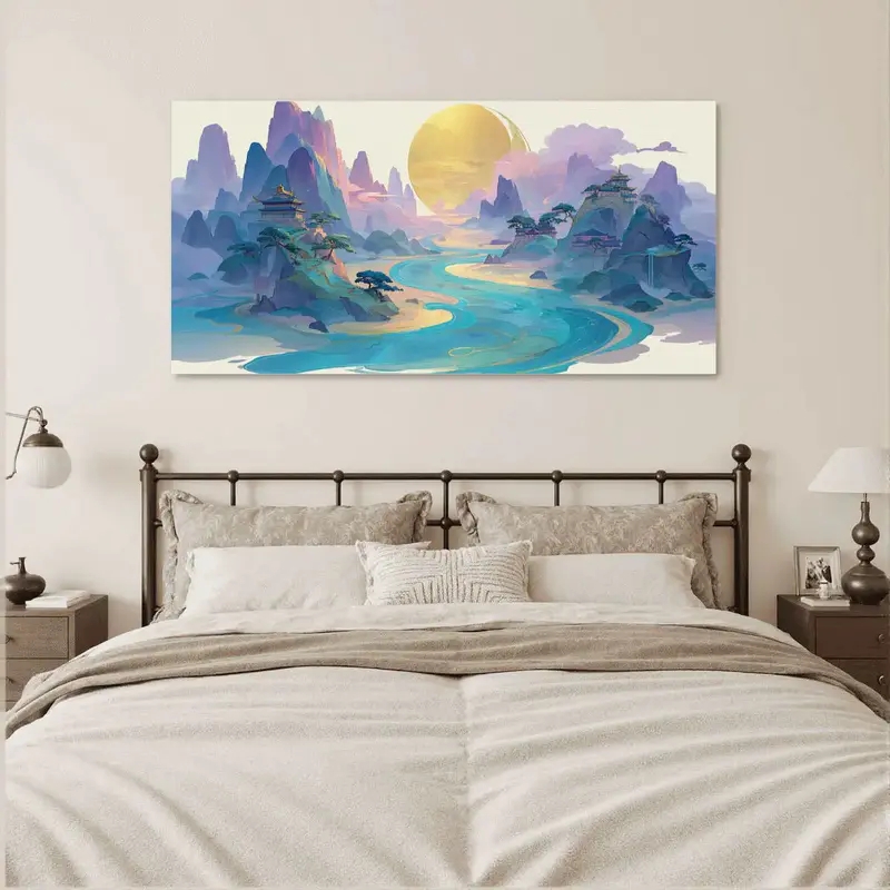 Wall Art Asian Pagoda Motif Vibrant Fantasy Colors Wide Canvas