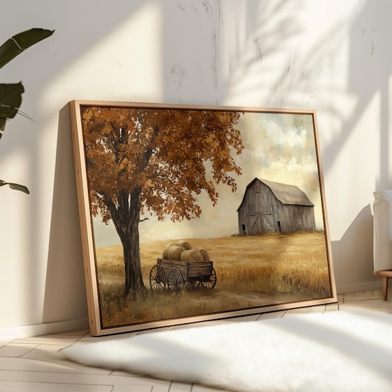 Wall Art Autumn Landscape Canvas Painting Vintage Wagon Painting