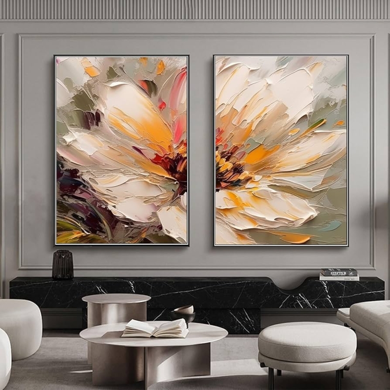 Wall Art: Beige Floral Impasto Texture Canvas Set for Lounge (65)