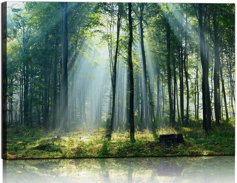 Wall Art Biophilic Forest Sun Rays Effect Vibrant Green Palette