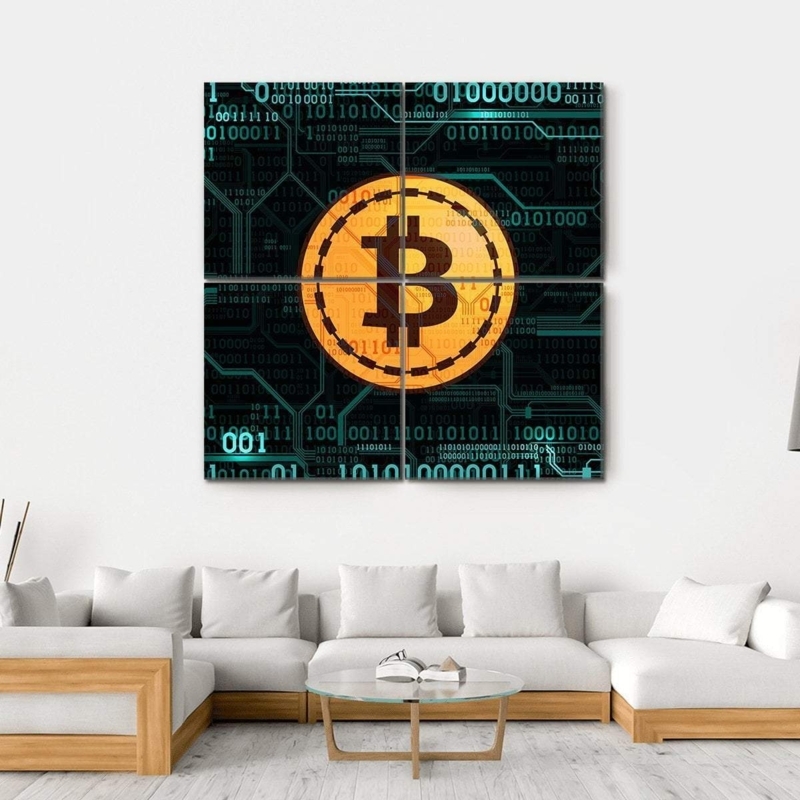 Wall Art Bitcoin Theme Four Panel Grid Circuit Board Tech Decor Canvas.