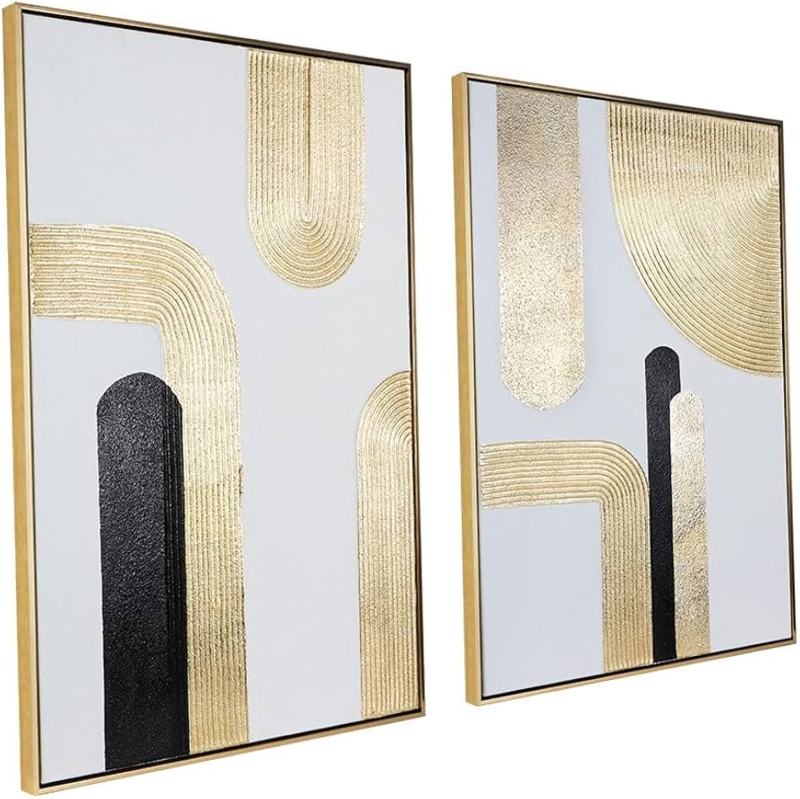 Wall Art Black Gold Abstract Set of 2 Geometric Arches Framed
