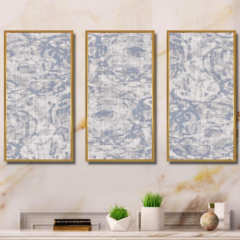 Wall Art Blue Floral Triptych Art Linen Textured Print Gold Frame