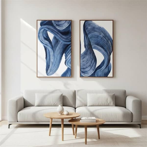 Wall Art: Blue Fluid Brushstroke Texture Prints in Wood Toned Frames (73)
