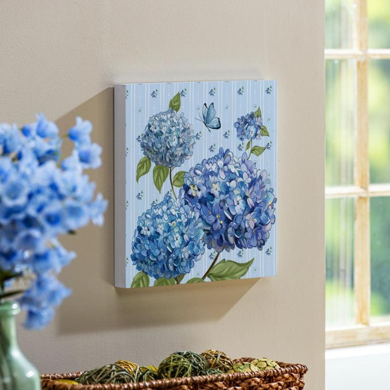 Wall Art Blue Hydrangea Clusters Butterfly Cottage Style Floral Art