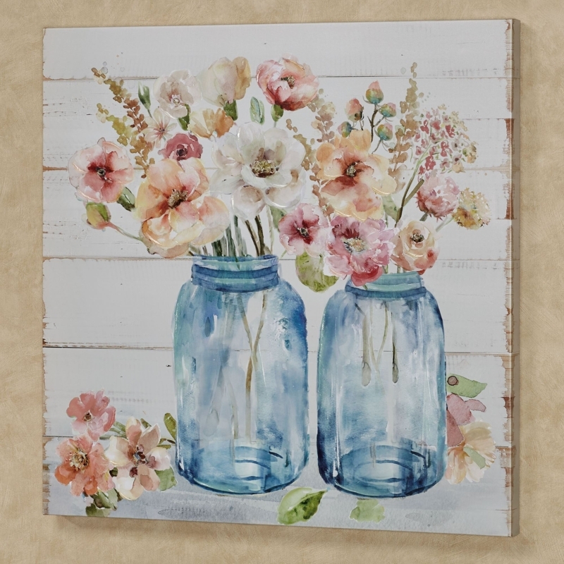 Wall Art Blue Mason Jars Watercolor Blooms Canvas Print