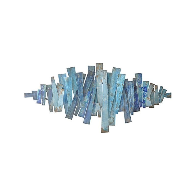 Wall Art Blue Metal Abstract Sculpture Distressed Slats Industrial