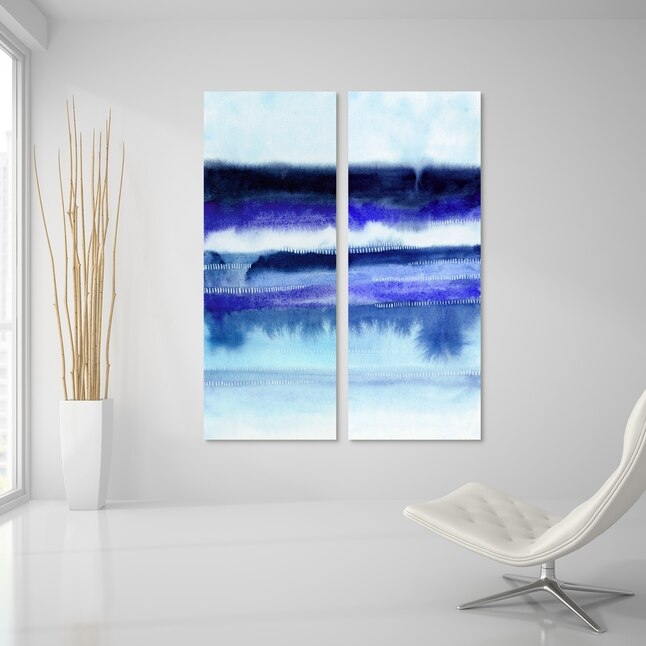 Wall Art Blue Shorebreak Motif Watercolor Floating Glass Set of 2