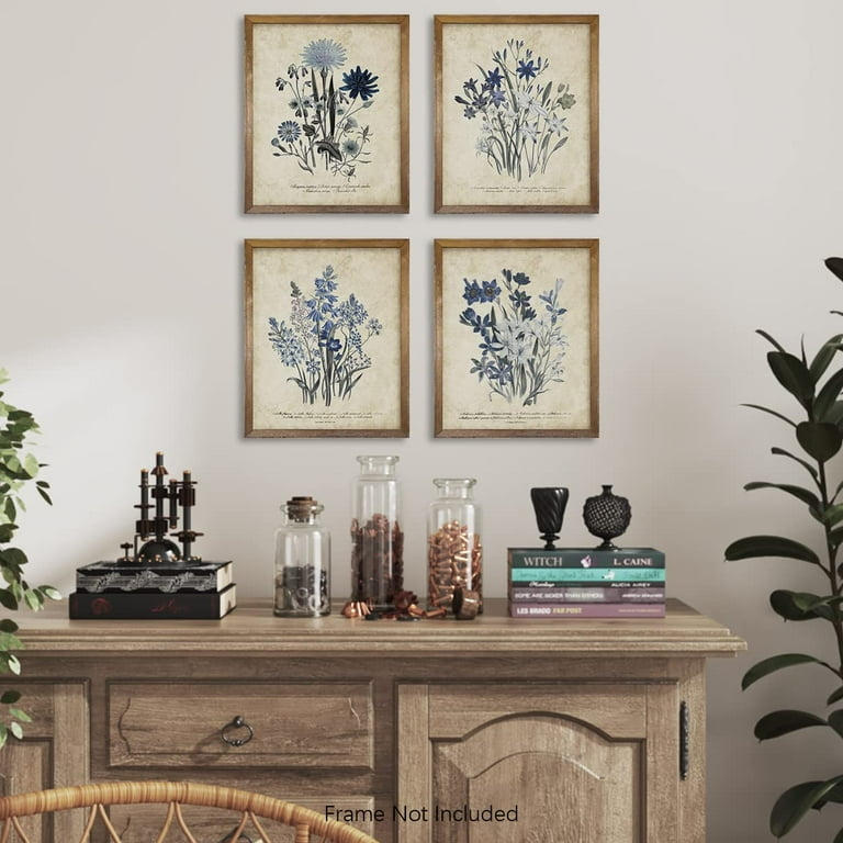 Wall Art: Blue Watercolor Botanicals set in Symmetrical Grid Arrangement