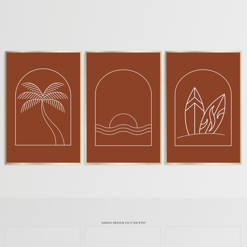 Wall Art Boho Coastal Triptych Line Art Arch Motif Palm Surfboard