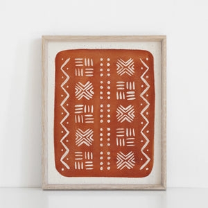 Wall Art: Boho Geometric Mud Cloth Pattern Print in Light Wood Frame