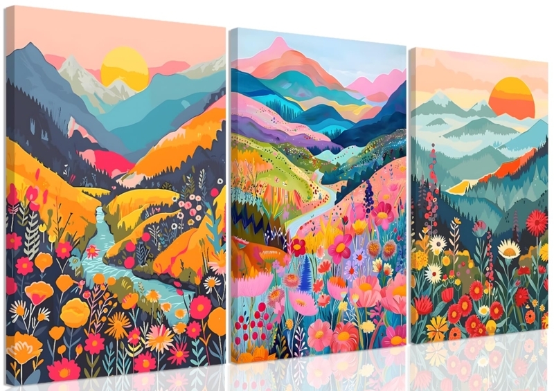 Wall Art Boho Triptych Vibrant Watercolor Landscape Canvas Set