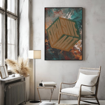 Wall Art: Bold 3D Cube Graphic Typography on Textured Concrete Wall.