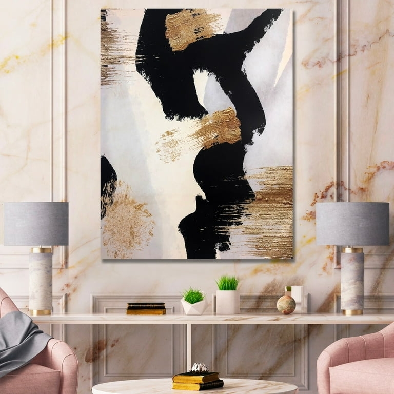 Wall Art Bold Black Strokes Gold Leaf Effect Vertical Abstract