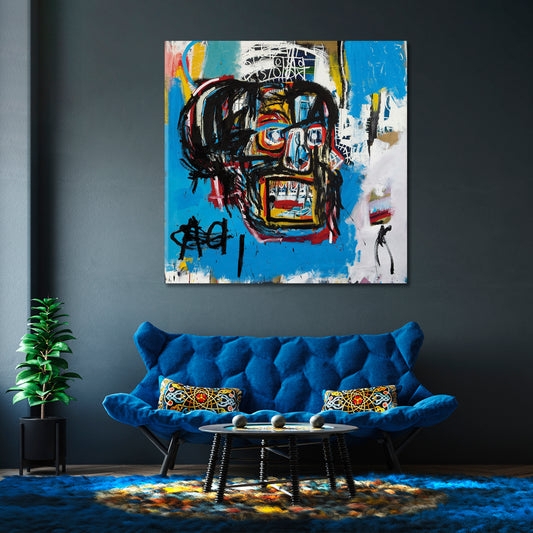 Wall Art: Bold Neo-Expressionist Canvas Portrait above Cobalt Blue Sofa