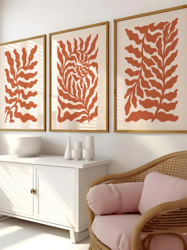 Wall Art Botanical Triptych Set Gold Framed Abstract Leaf Boho Chic