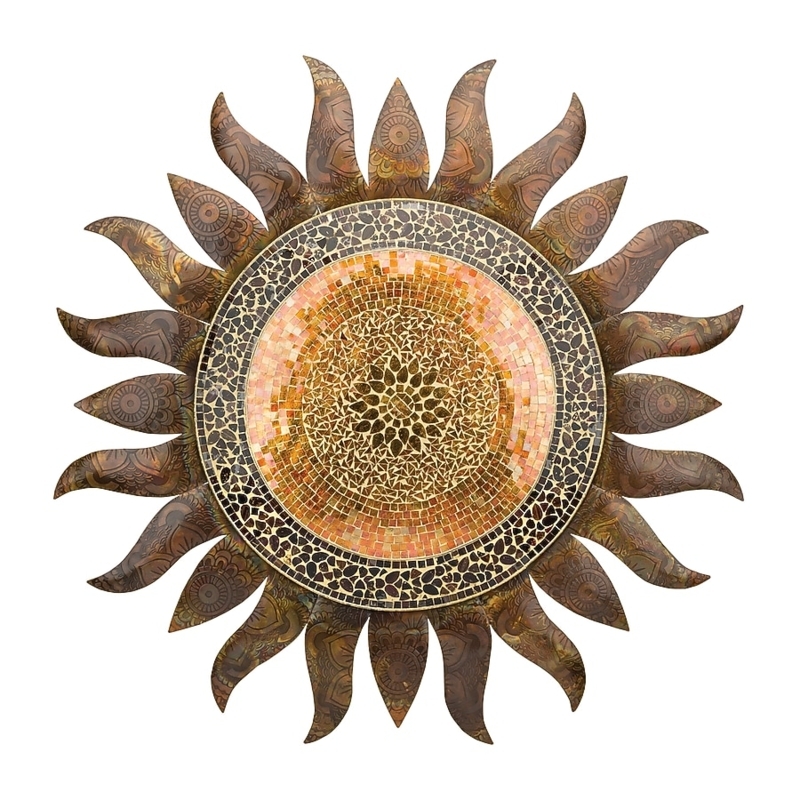 Wall Art: Bronze Sunburst Shape, Mosaic Center, Etched Rays