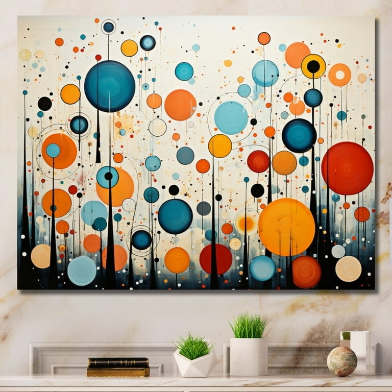 Wall Art Canvas Abstract Circles, Teal and Orange Palette over Mantel