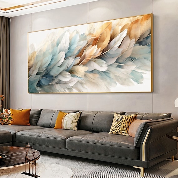 Wall Art Canvas Abstract Feather Design Gold Framed Oversized Decor