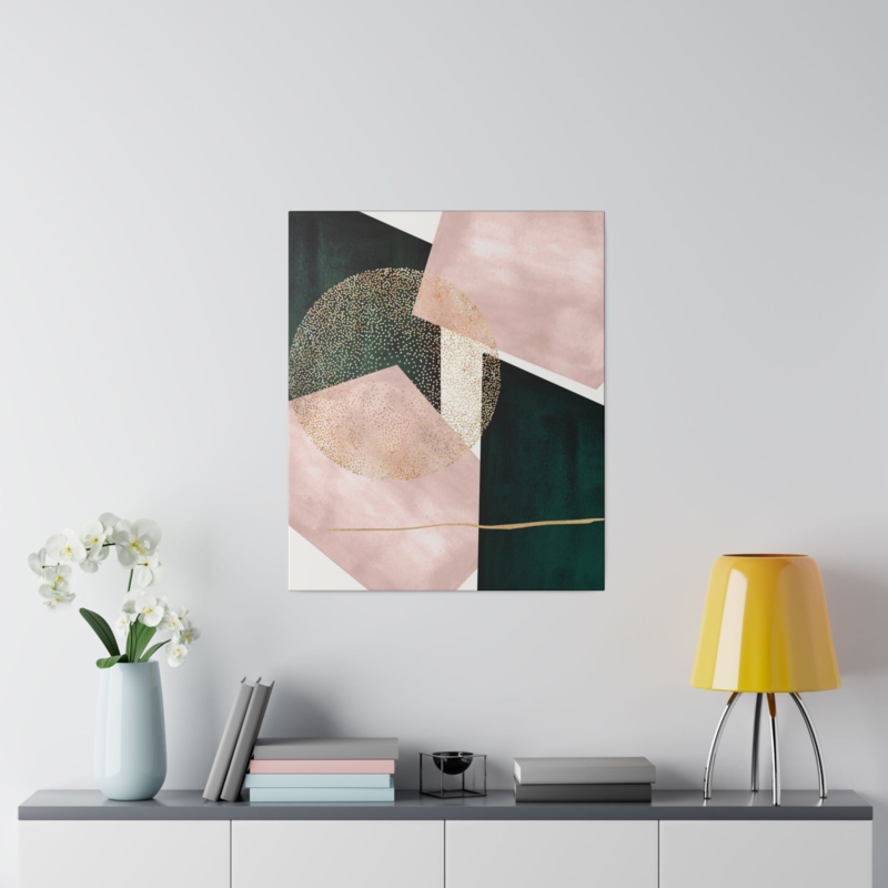 Wall Art Canvas: Geometric Asymmetry, Pink and Green Contrast, Gold Dot.