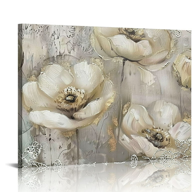 Wall Art Canvas Gold Embellishments Lace Filigree Detail Magnolia Design