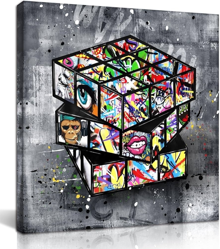 Wall Art Canvas Graffiti Print Rubiks Cube Motif Urban