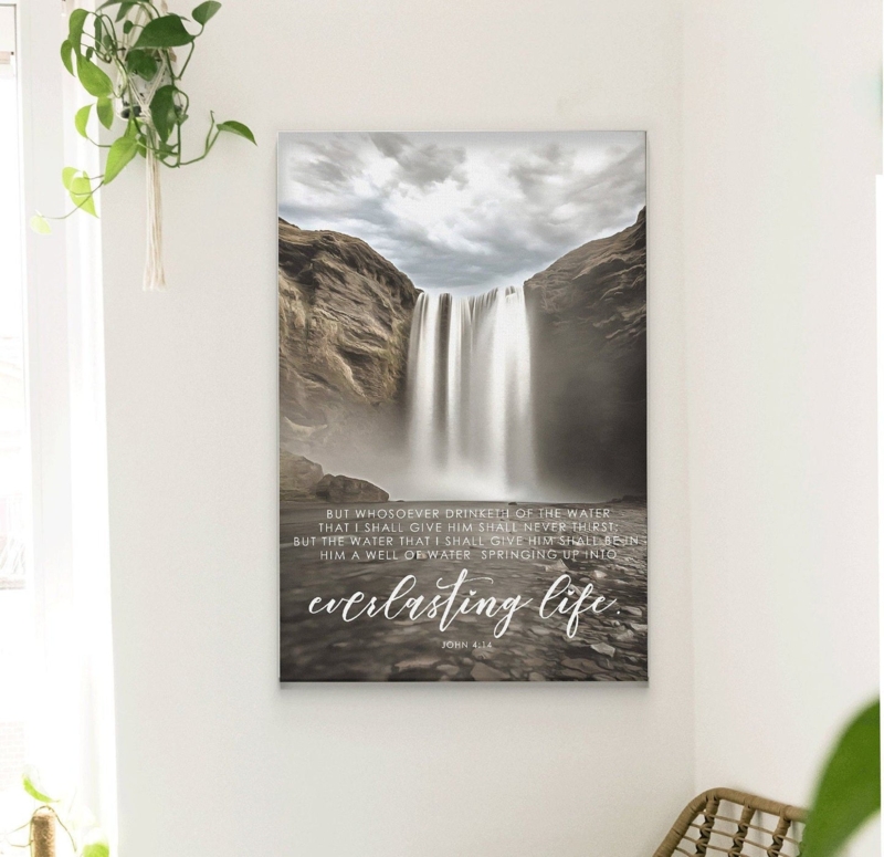 Wall Art Canvas Scripture Text Waterfall Imagery Serene