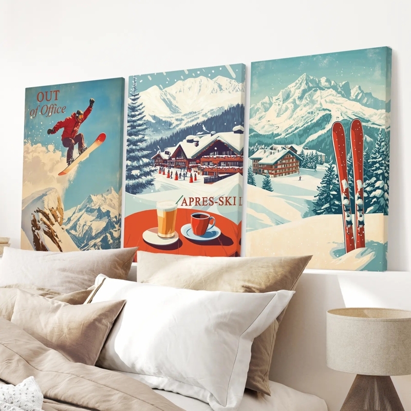 Wall Art Canvas Set: 3 Vintage Ski Posters with Retro Typography