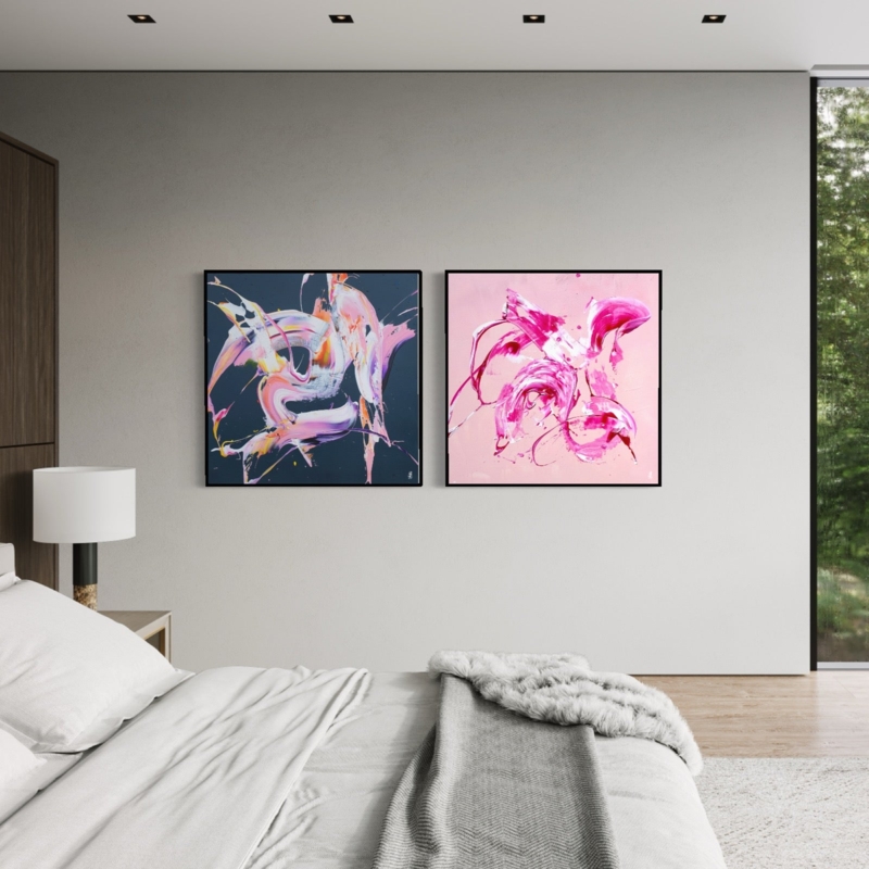 Wall Art Canvas Set Paired Compositions Pink Accents Abstract