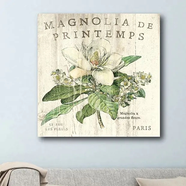Wall Art: Canvas with French Typography and Magnolia Illustration