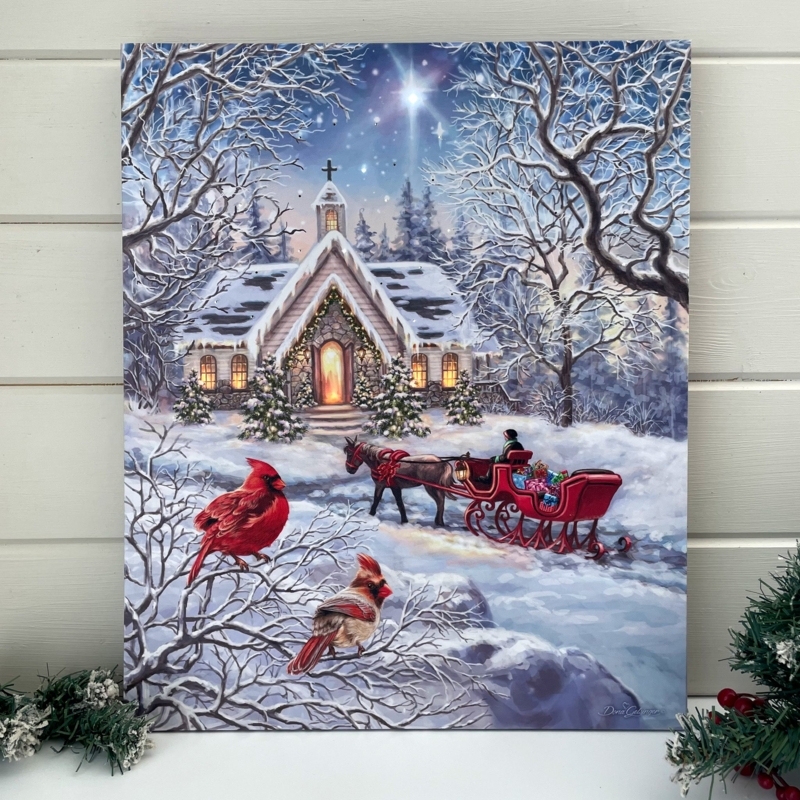 Wall Art Cardinal Bird Holiday Canvas Decor Winter Church Scene