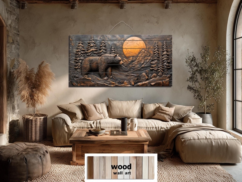 Wall Art Carved Relief Bear Motif Distressed Wood, Rustic Cabin Decor