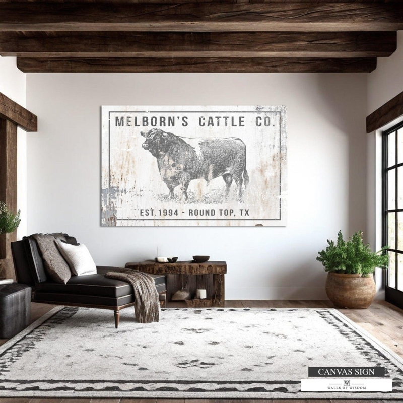 Wall Art Cattle Company Sign Oversized Personalized Distressed Canvas