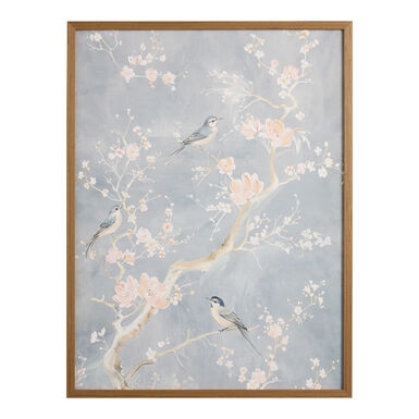 Wall Art Chinoiserie Bird Motif Dusty Blue Palette Natural Wood Frame