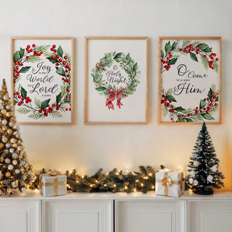 Wall Art Christian Christmas Carols Set Wreath Illustration Prints